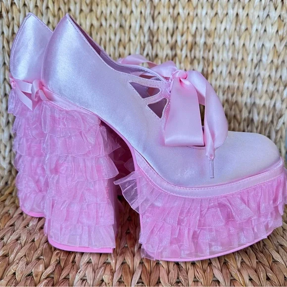 New in box Dolls Kill x SugarThrillz Pink Satin Ruffle Platform Heels - Picture 6 of 10